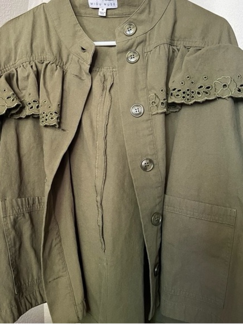 Vici brand Miou Miou Isabel Cotton Pocketed Ruffle Olive Green Eyelet Jacket - Picture 4 of 5